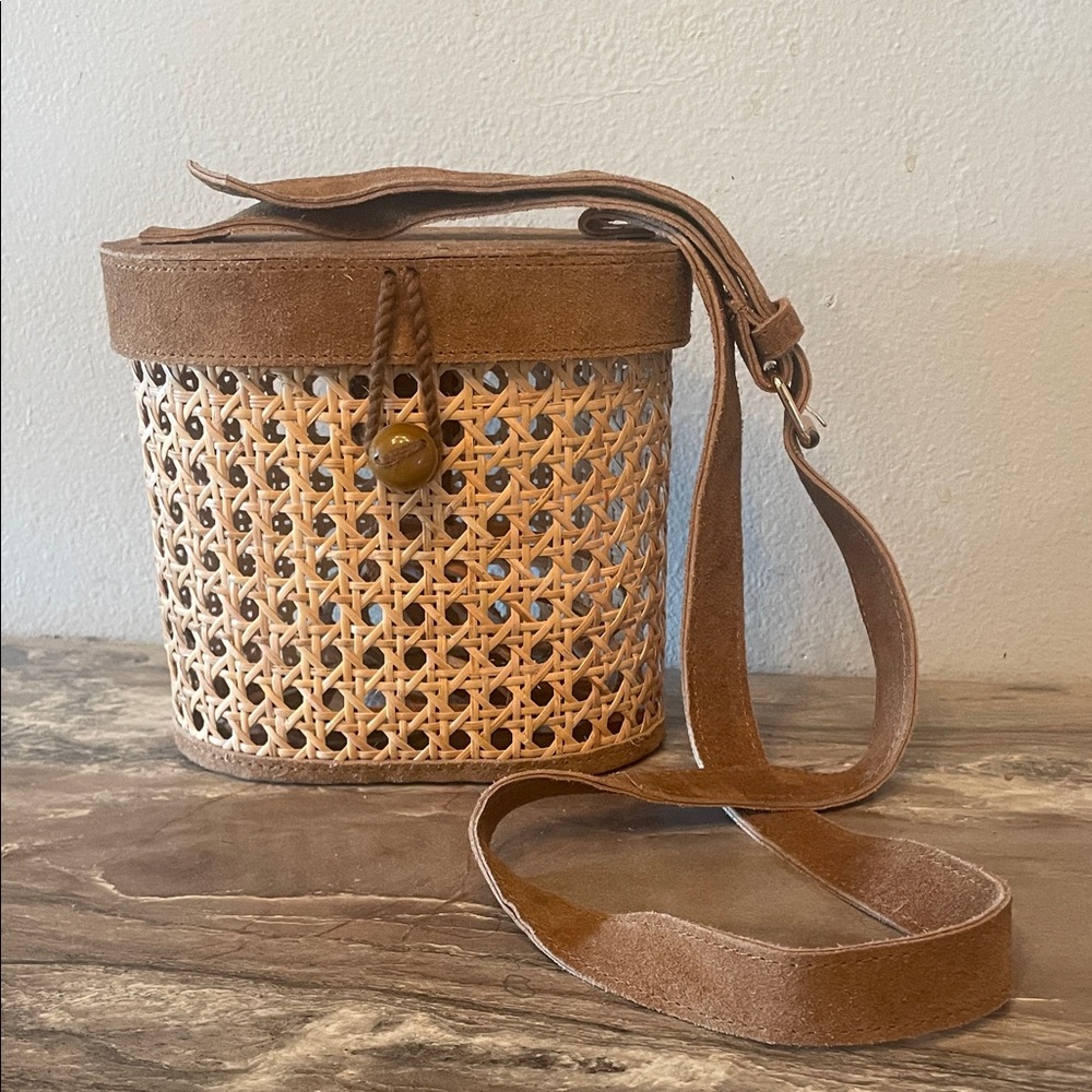 World Market Brown Woven Cane Basket Crossbody Bag